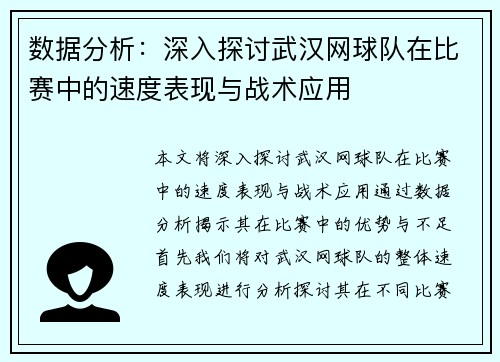 数据分析：深入探讨武汉网球队在比赛中的速度表现与战术应用