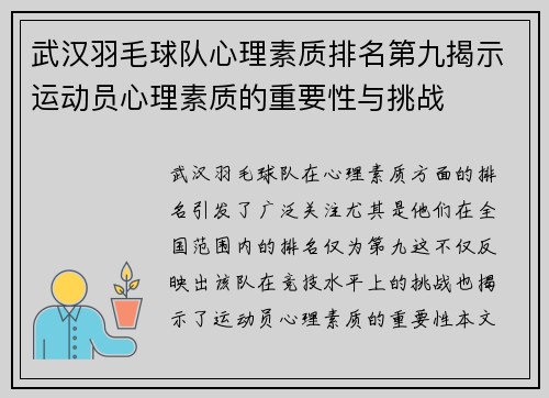 武汉羽毛球队心理素质排名第九揭示运动员心理素质的重要性与挑战